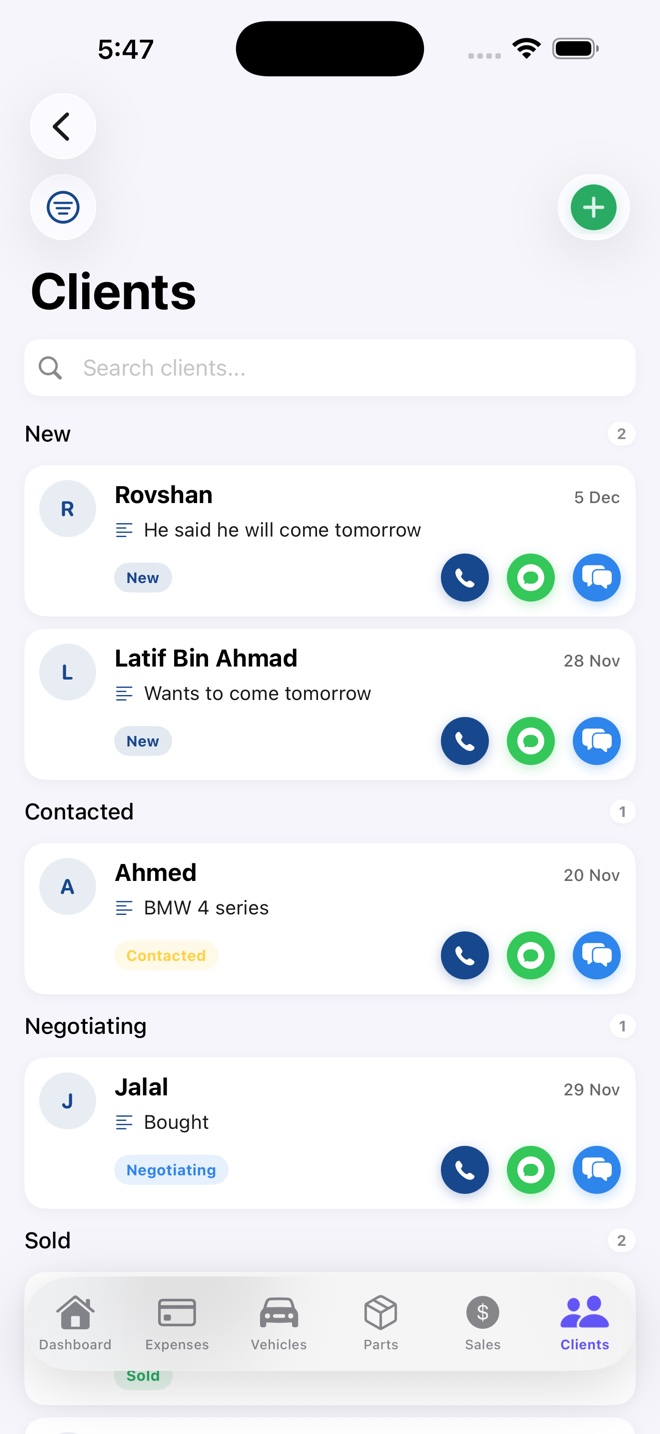 Client management screen
