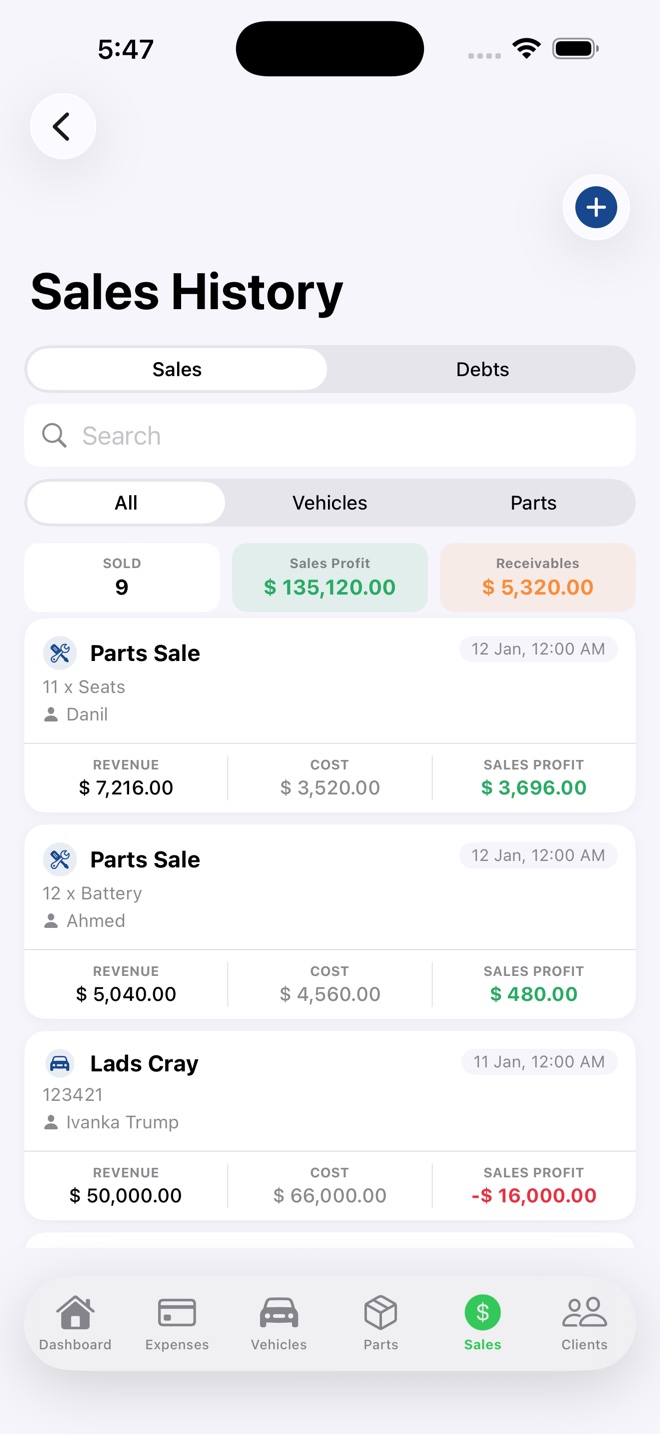 Sales history screen