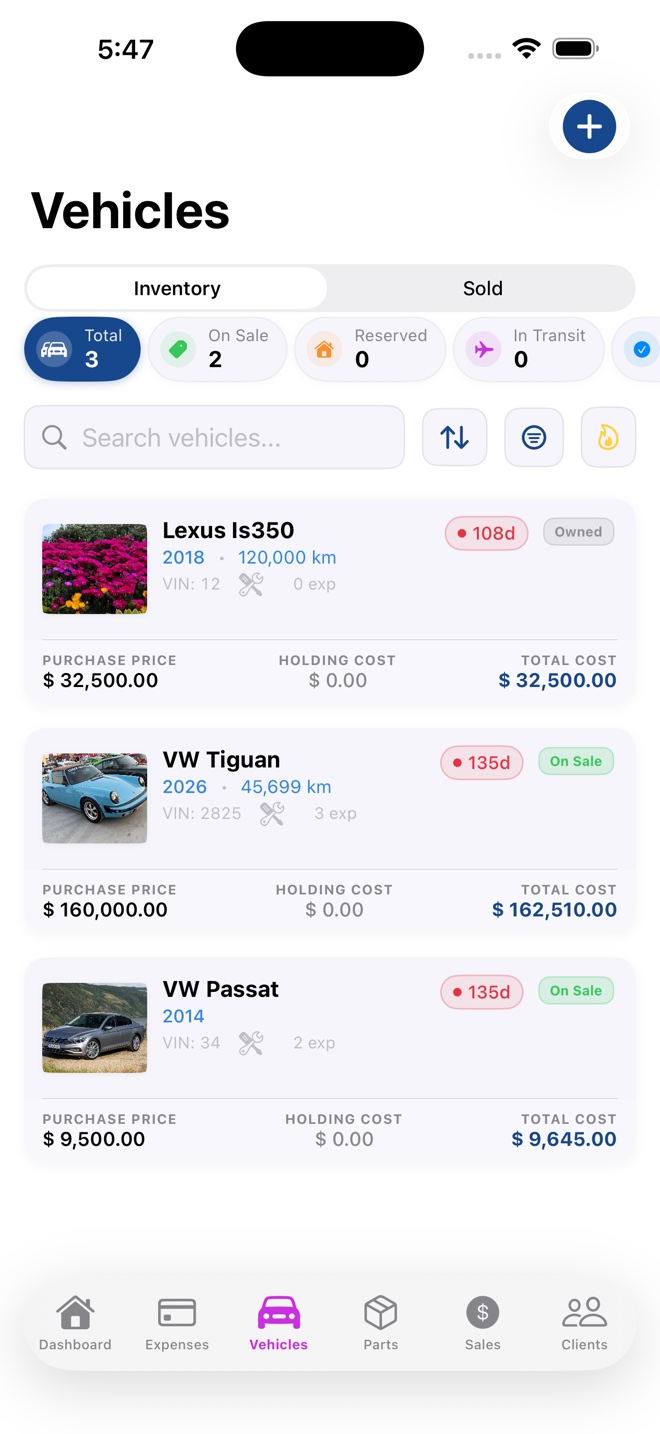 Vehicle inventory screen in Car Dealer Tracker